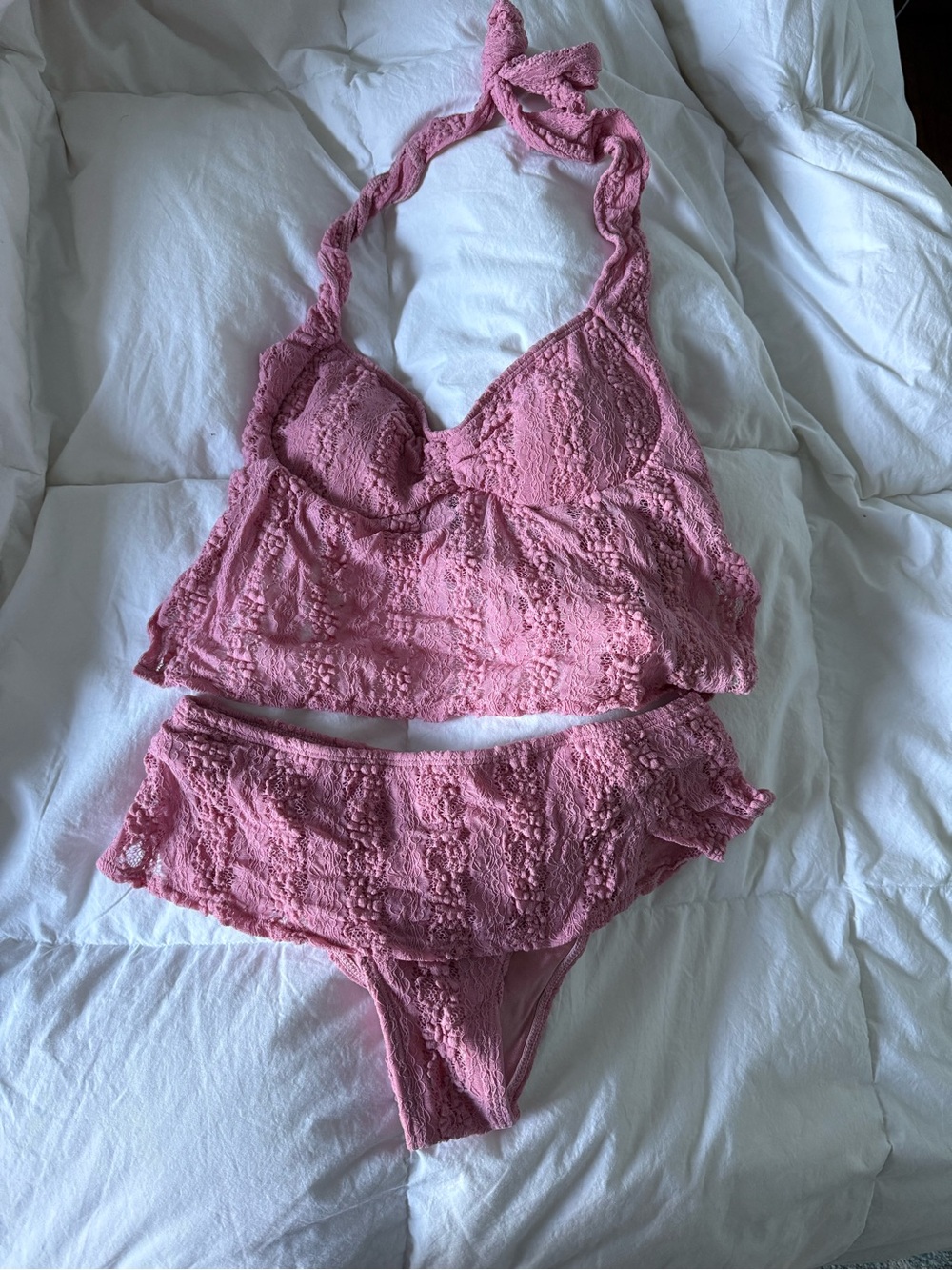 Textured Pink Halter Bikini Top & Bottom Set
